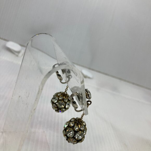 Vtg 1960 ball brass crystal rhinestone wedding bridal dangle earrings - Picture 2 of 7